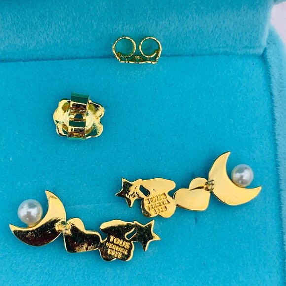 TOUS 4-shapes Cluster Mini Pearl Bear Moon Star Heart Pin Gold Black Earrings - Picture 3 of 15